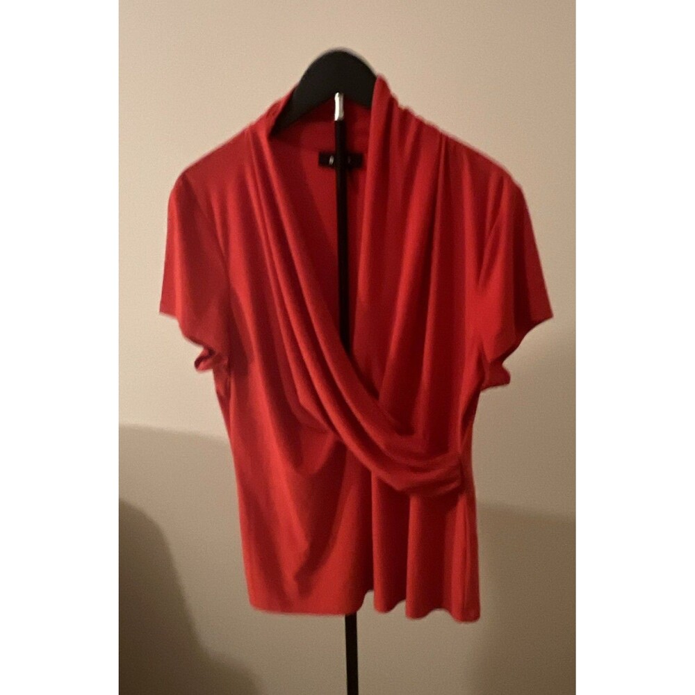 DKNY Women's XL Red Solid Knit Draped Cowl Neck Short Sleeve Pullover Top